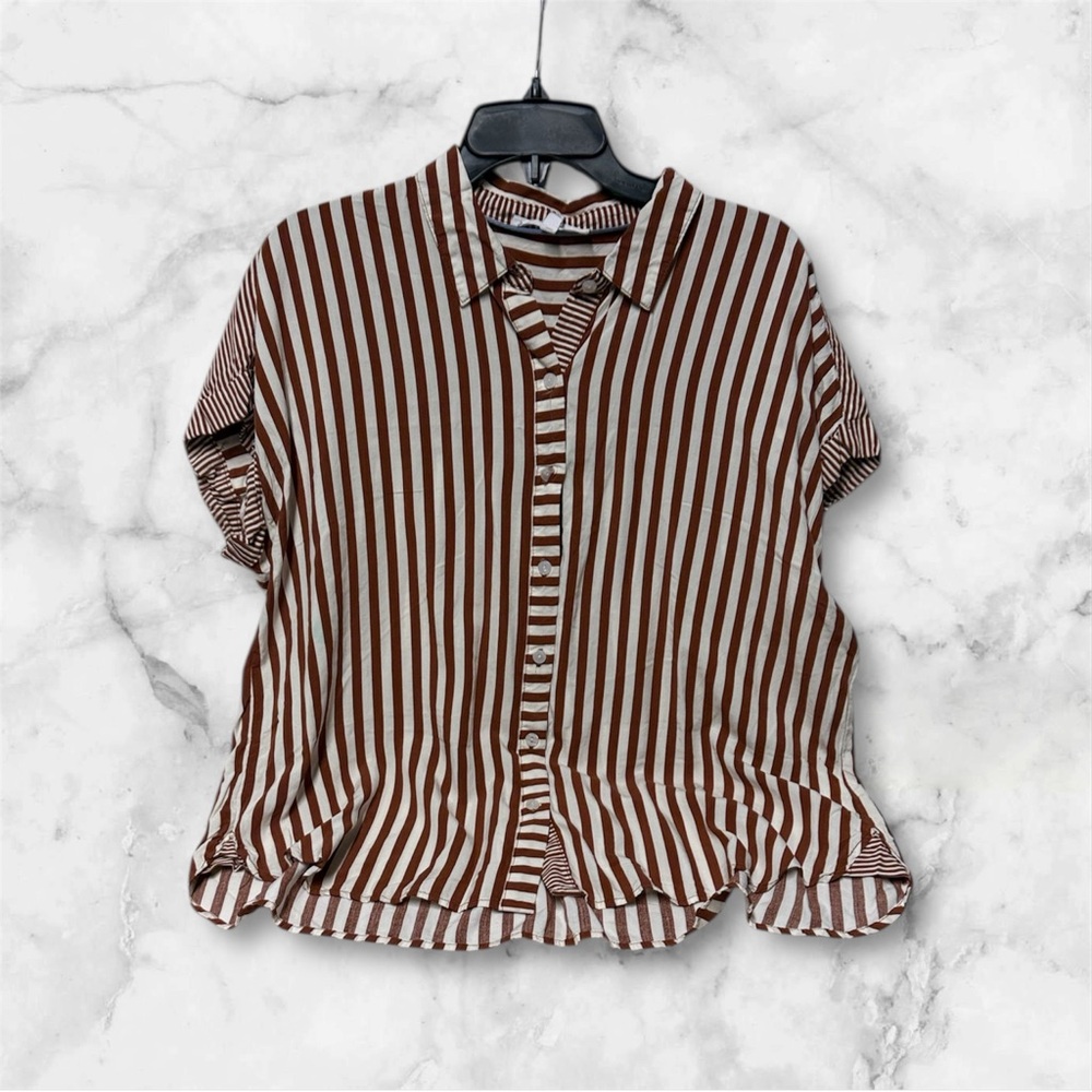 Brown and White Striped Button-Up Shirt sz XL